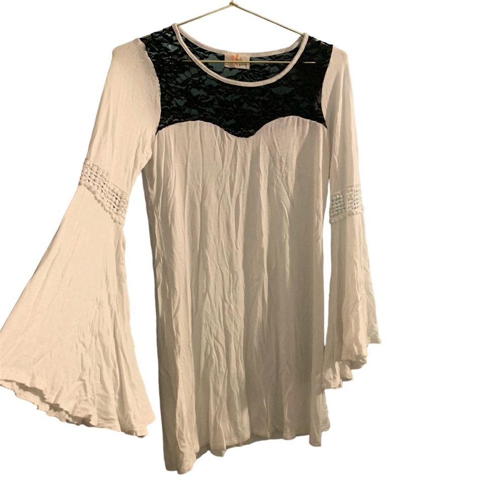 5 for 20 Love Story sheer white large bell sleeve dress W/ black lace neckline
